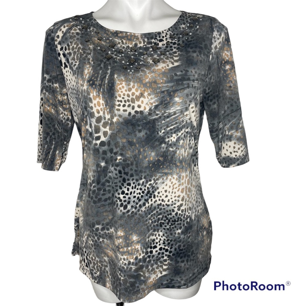 Susan Graver Leopard Print Top Small Jeweled 3/4 Sleeves Gray Tan Gold Knit
